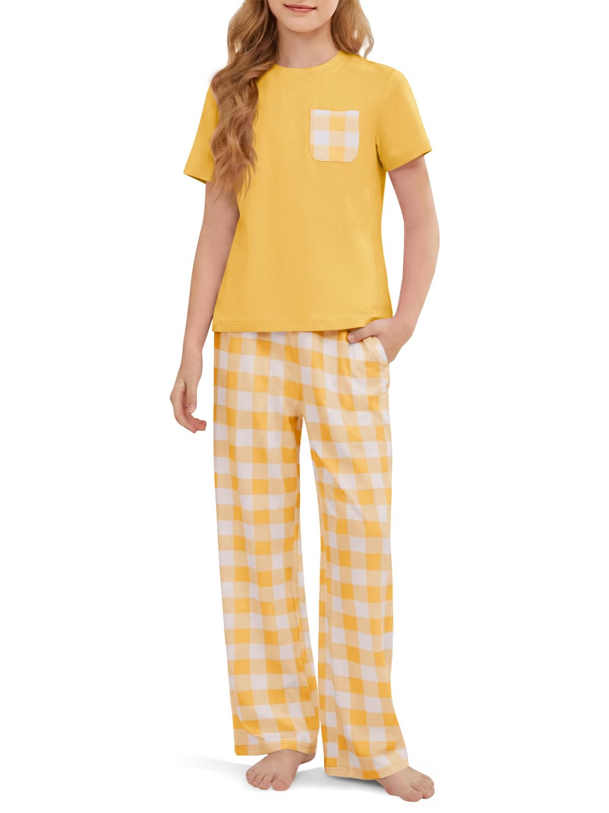 rrhss Girls Pajama Sets Kids Short Sleeve Tops and Plaid Long Pants PJS Sleepwear Soft Lounge Set 5-14 Years