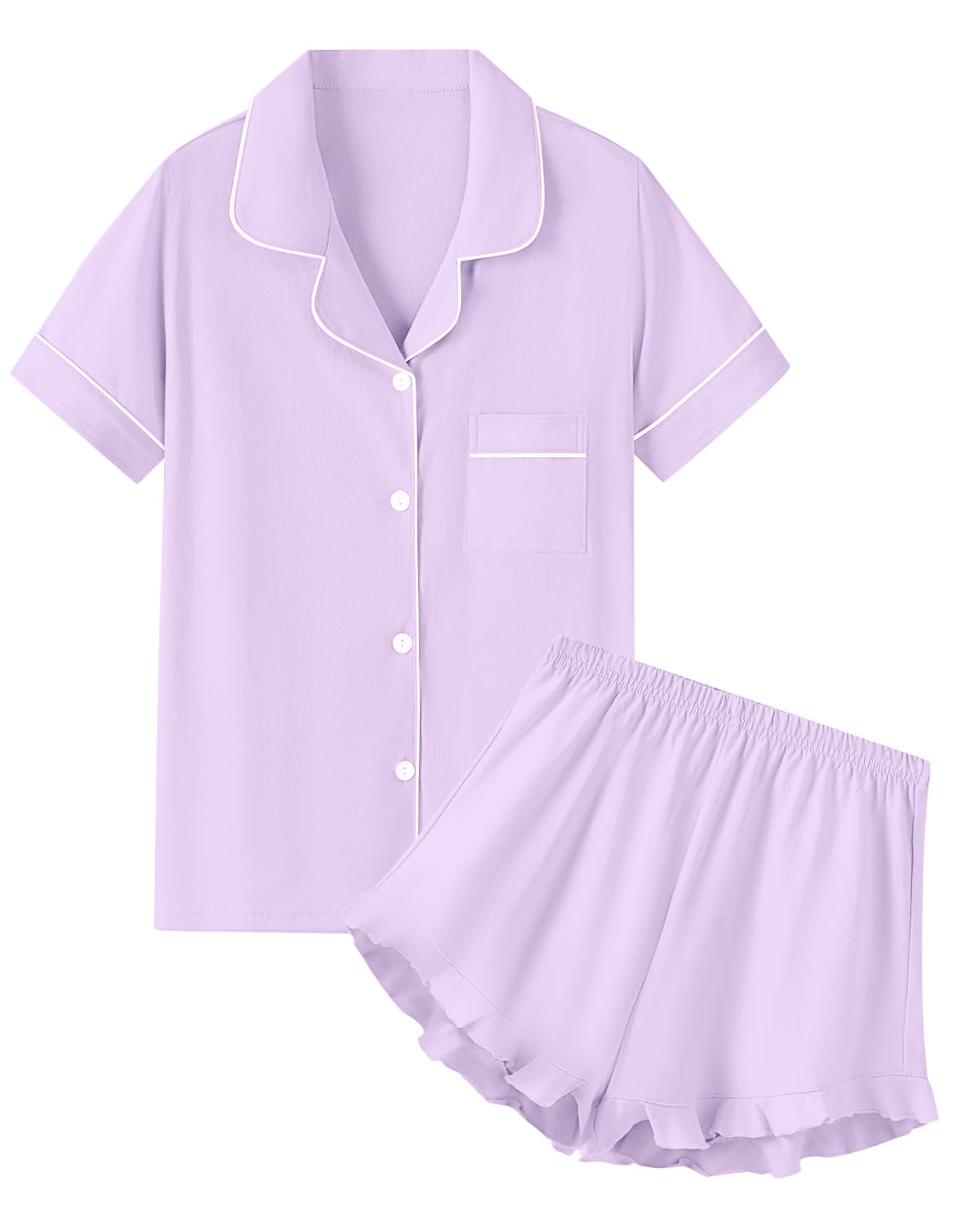 QZH.DUAO Girls & Women Pajama Sets Cotton Sleepwear Button Down Short Sleeve With Ruffle Shorts PJS 5 Years-Large