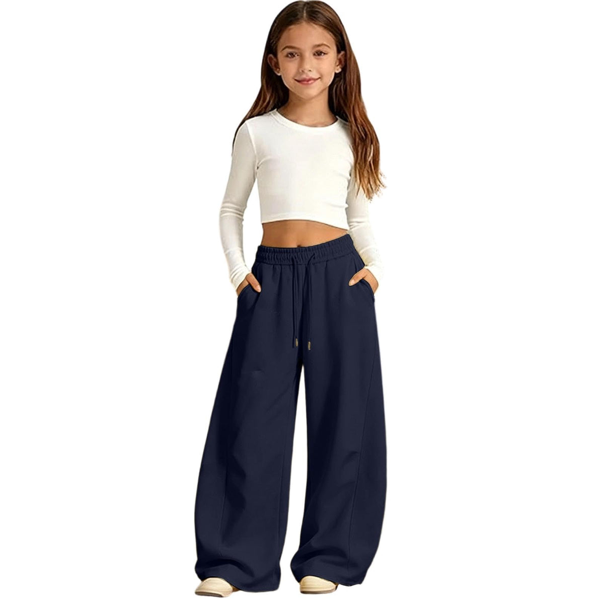 Girls Sweatpants Baggy Barrel Wide Leg Pants Drawstring Open Bottom Casual Sweat Trousers with Pockets 5-15 Years