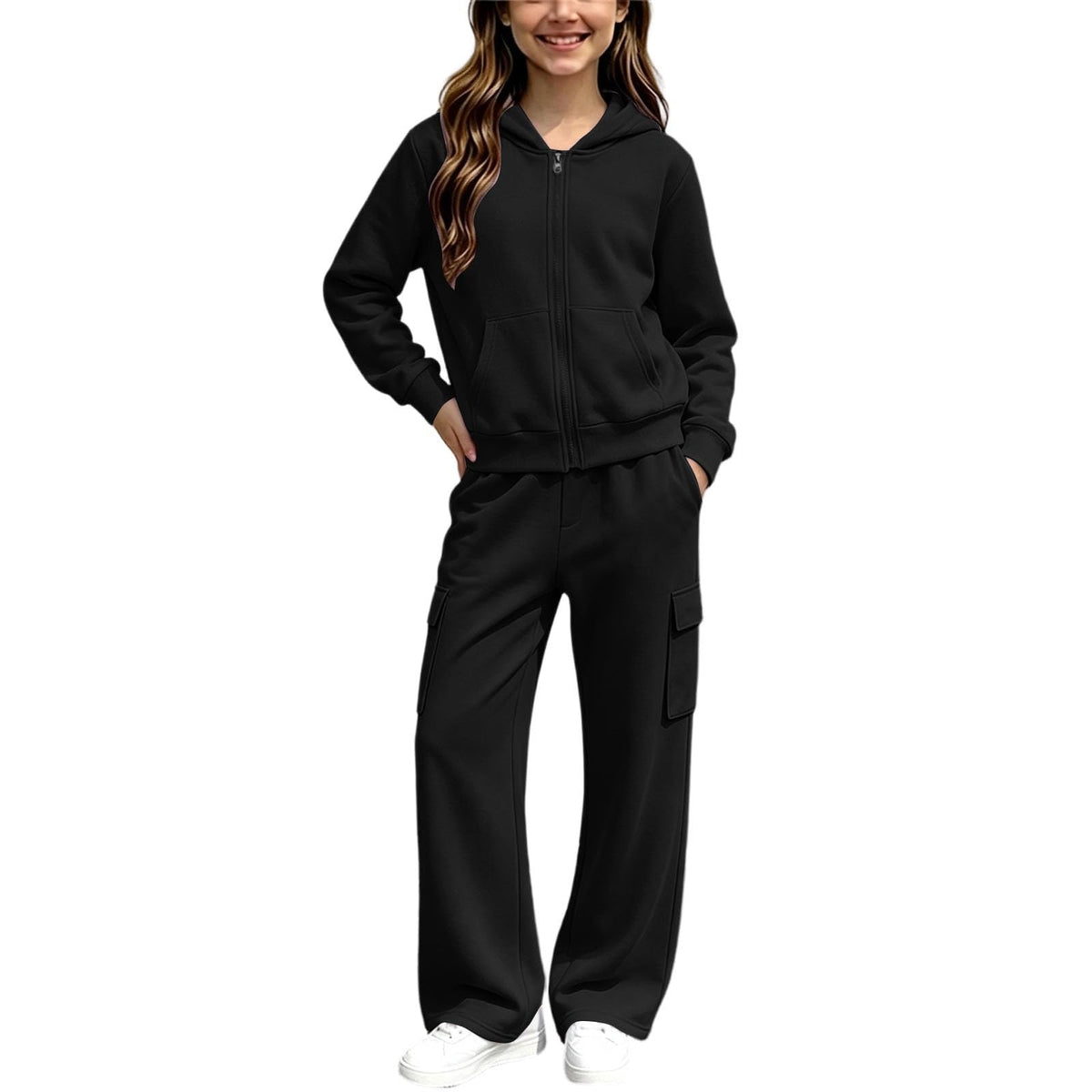 Girls Sweatsuit Fall Winter Zip Up Hoodie And Cargo Sweatpant Set Cozy Wear