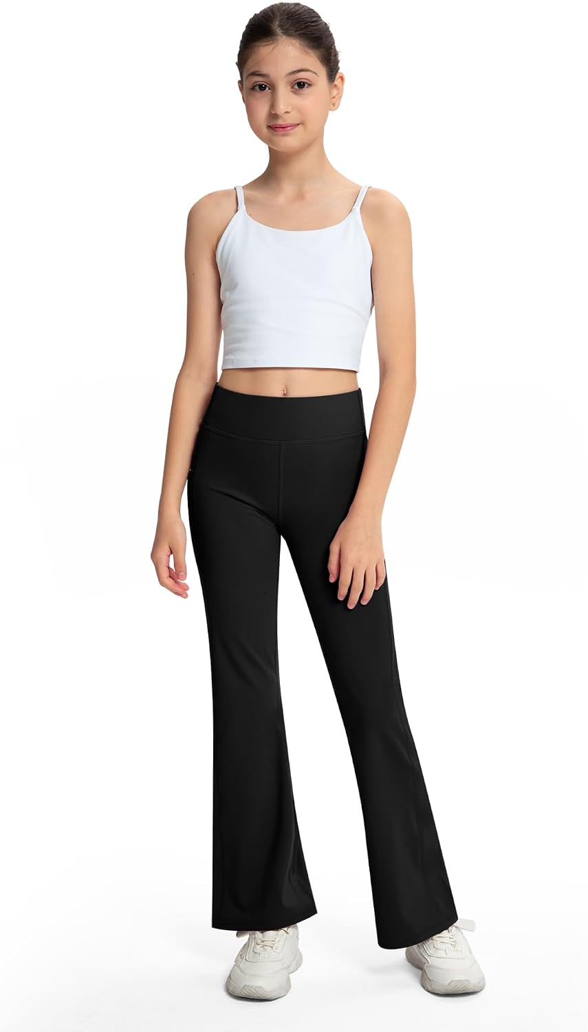 NORMOV Girls Flare Yoga Pants with Pockets,Bell Bottom Wide Leg Athletic Leggings for Teen Kids5-15 Years Old