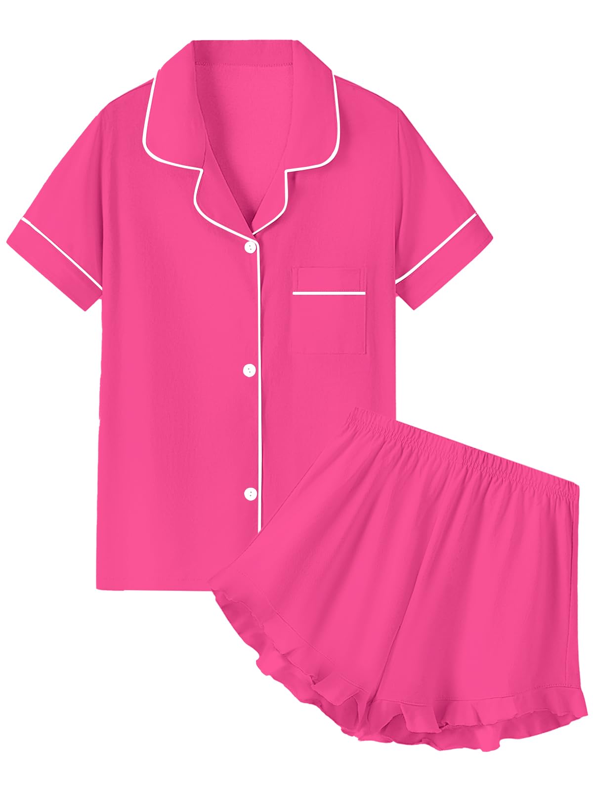 QZH.DUAO Girls & Women Pajama Sets Cotton Sleepwear Button Down Short Sleeve With Ruffle Shorts PJS 5 Years-Large