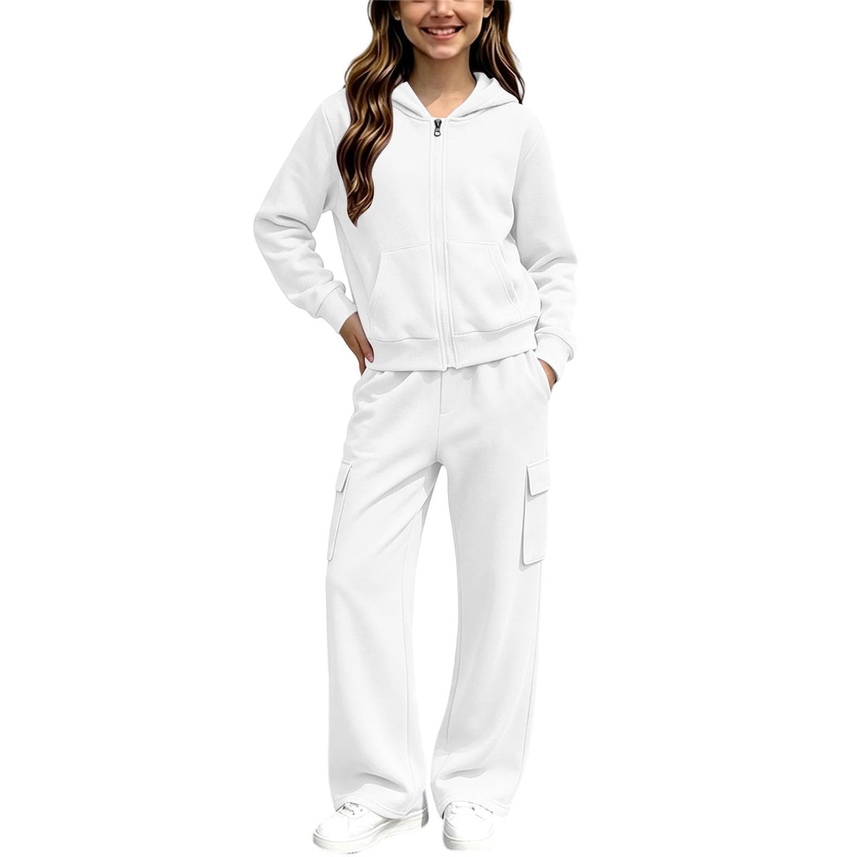 Girls Sweatsuit Fall Winter Zip Up Hoodie And Cargo Sweatpant Set Cozy Wear
