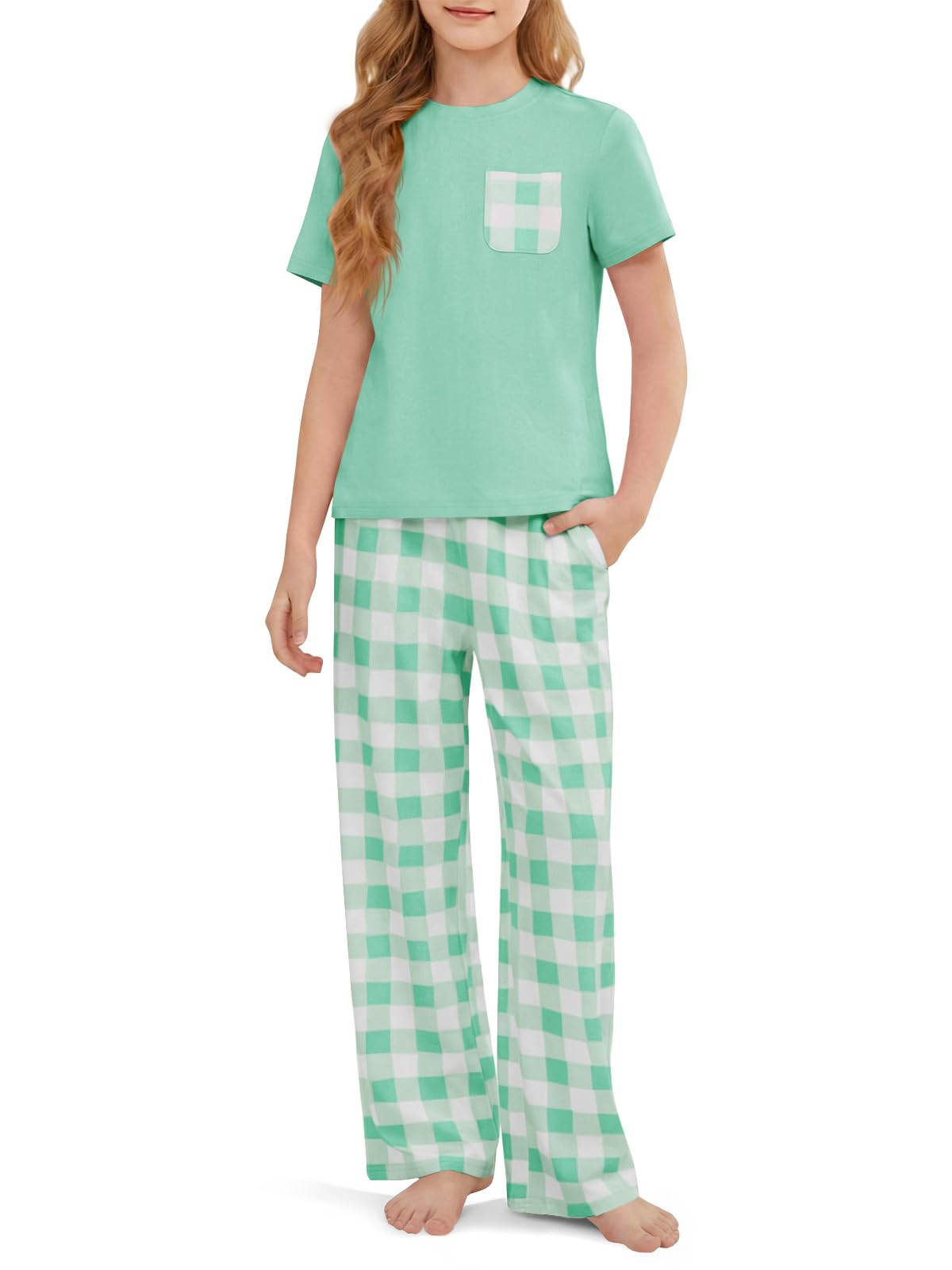 rrhss Girls Pajama Sets Kids Short Sleeve Tops and Plaid Long Pants PJS Sleepwear Soft Lounge Set 5-14 Years