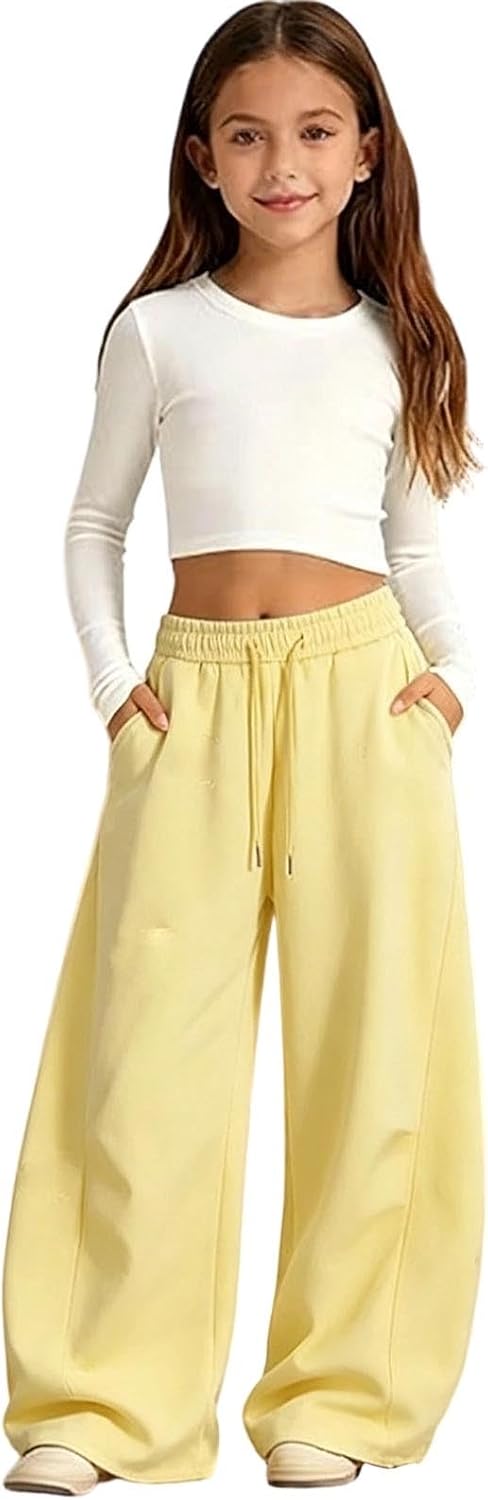 Girls Sweatpants Baggy Barrel Wide Leg Pants Drawstring Open Bottom Casual Sweat Trousers with Pockets 5-15 Years