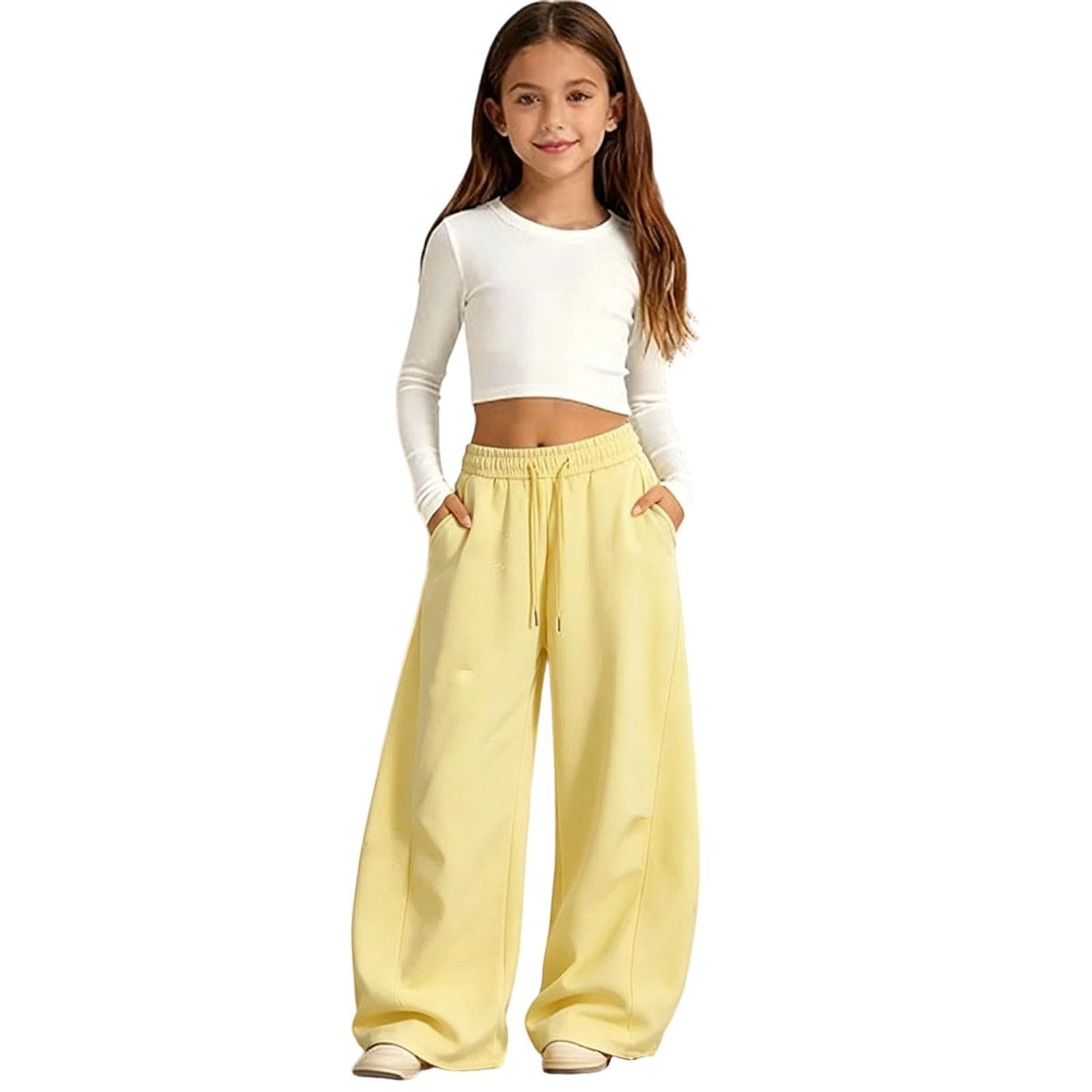 Girls Sweatpants Baggy Barrel Wide Leg Pants Drawstring Open Bottom Casual Sweat Trousers with Pockets 5-15 Years