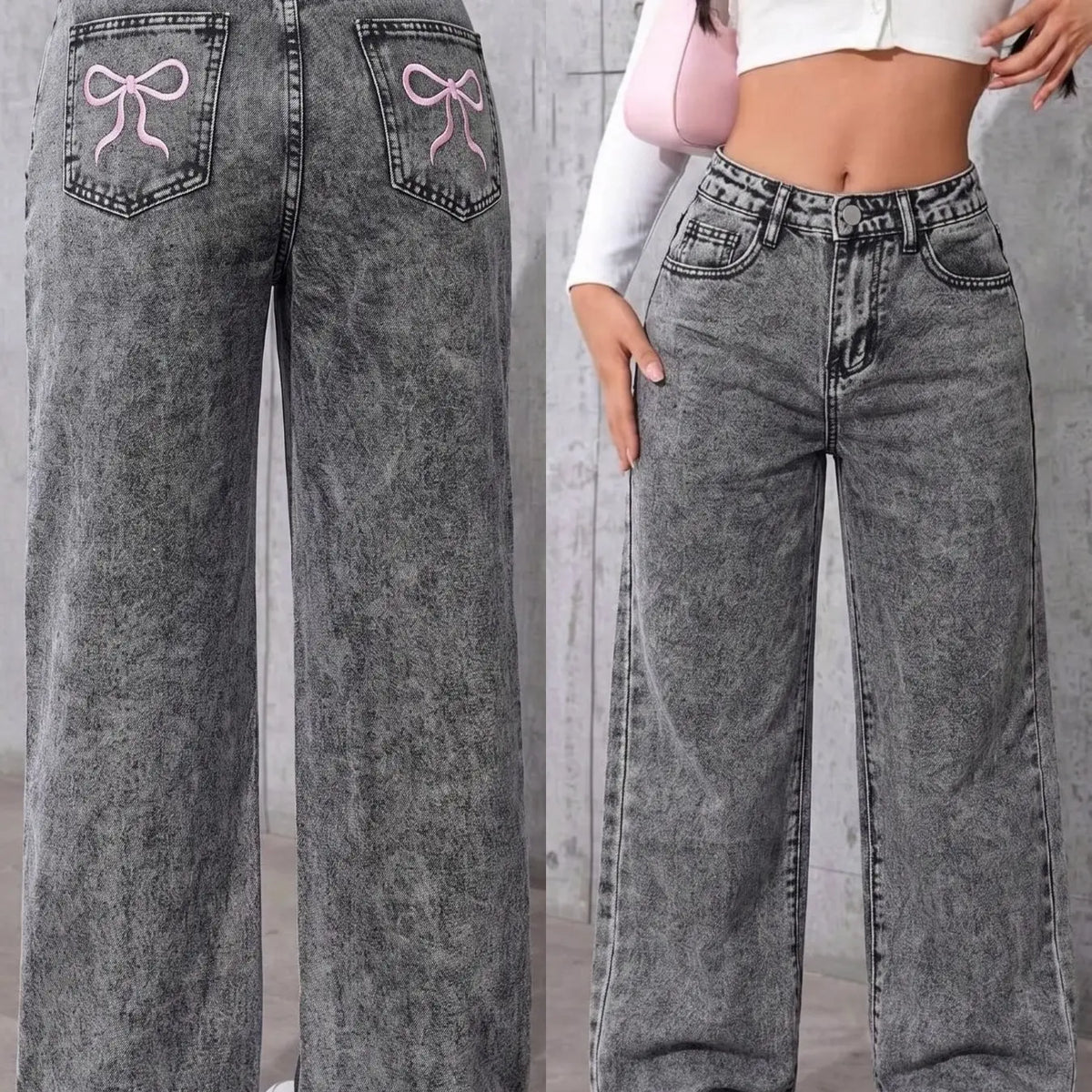 Teen Girls Washable, Embroidered Butterfly Knot Design, Loose Fit, High Waist, Elastic Back Waist, Denim, All Seasons Casual Wear