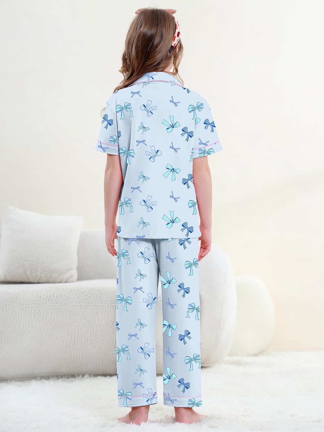 QZH.DUAO Girls Cotton Short Sleeves and Long Pants Pajama Set, 5-14 Years