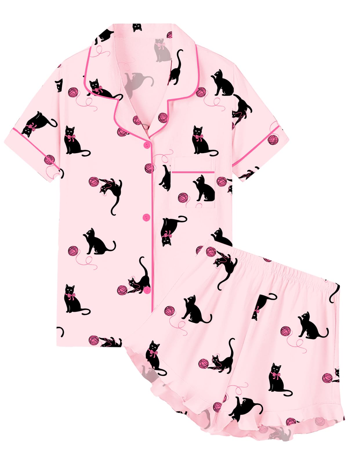 QZH.DUAO Girls & Women Pajama Sets Cotton Sleepwear Button Down Short Sleeve With Ruffle Shorts PJS 5 Years-Large