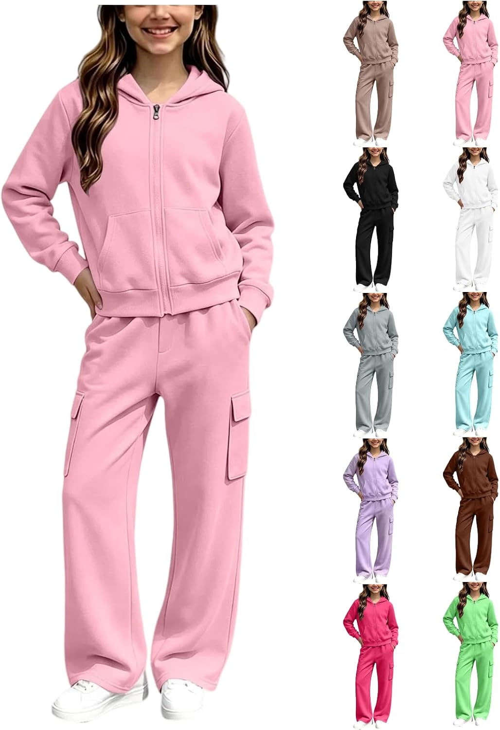Girls Sweatsuit Fall Winter Zip Up Hoodie And Cargo Sweatpant Set Cozy Wear