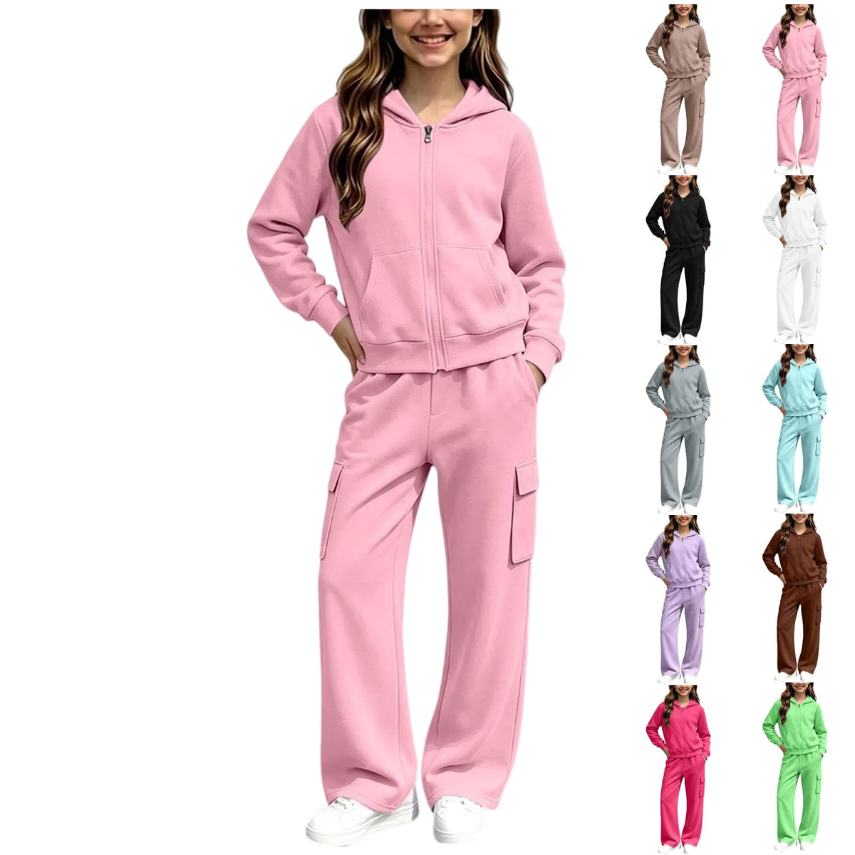 Girls Sweatsuit Fall Winter Zip Up Hoodie And Cargo Sweatpant Set Cozy Wear