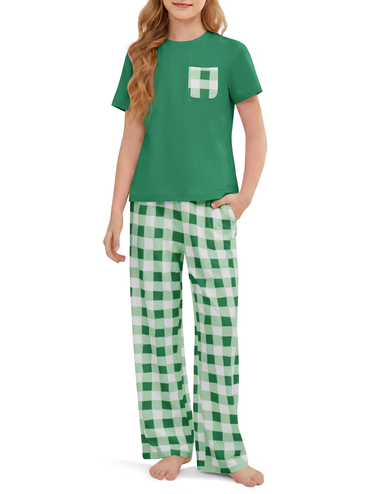 rrhss Girls Pajama Sets Kids Short Sleeve Tops and Plaid Long Pants PJS Sleepwear Soft Lounge Set 5-14 Years