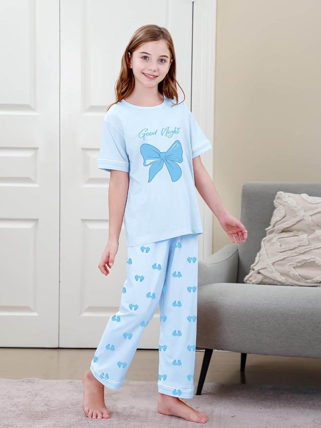 Umeyda Girls Pajamas 2PCS Short Sleeve Top & Pants 100% Cotton Pjs Sets Loungewear for Kids Age 5-14 Years