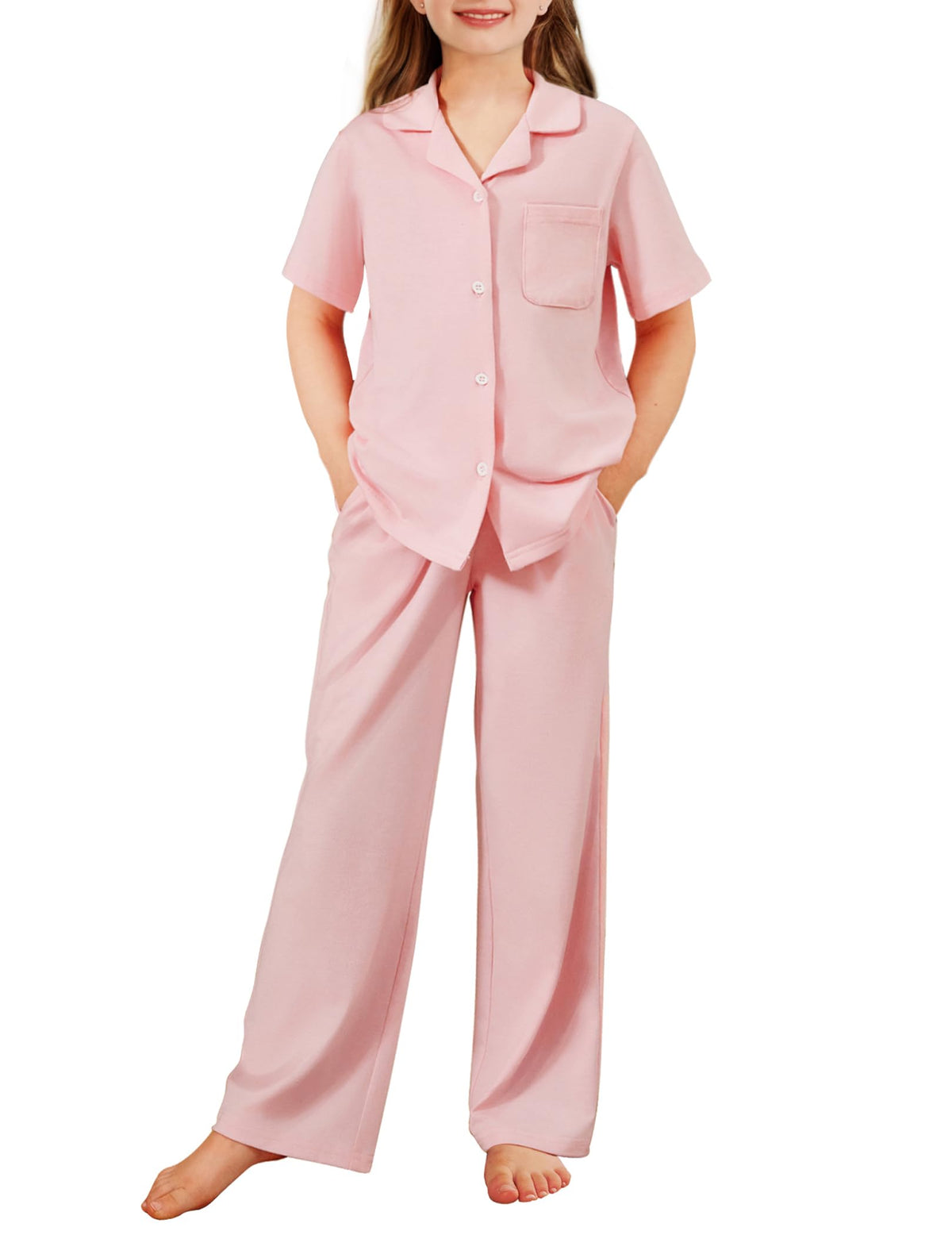 Arshiner Pajamas for Girls Short Sleeve Long Pants Sleepwear Button Pjs Set