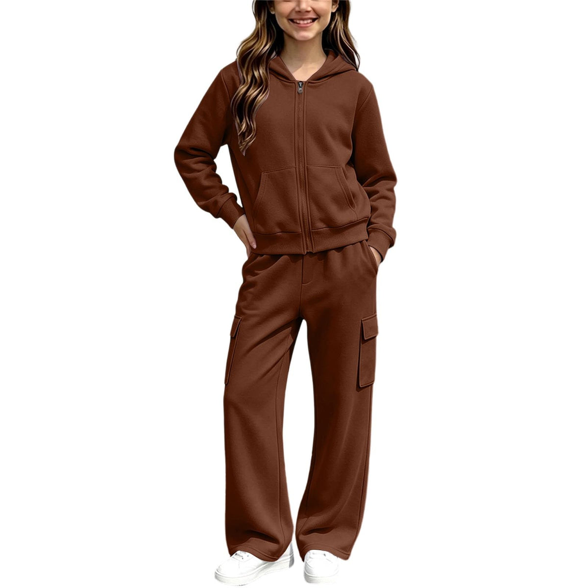Girls Sweatsuit Fall Winter Zip Up Hoodie And Cargo Sweatpant Set Cozy Wear
