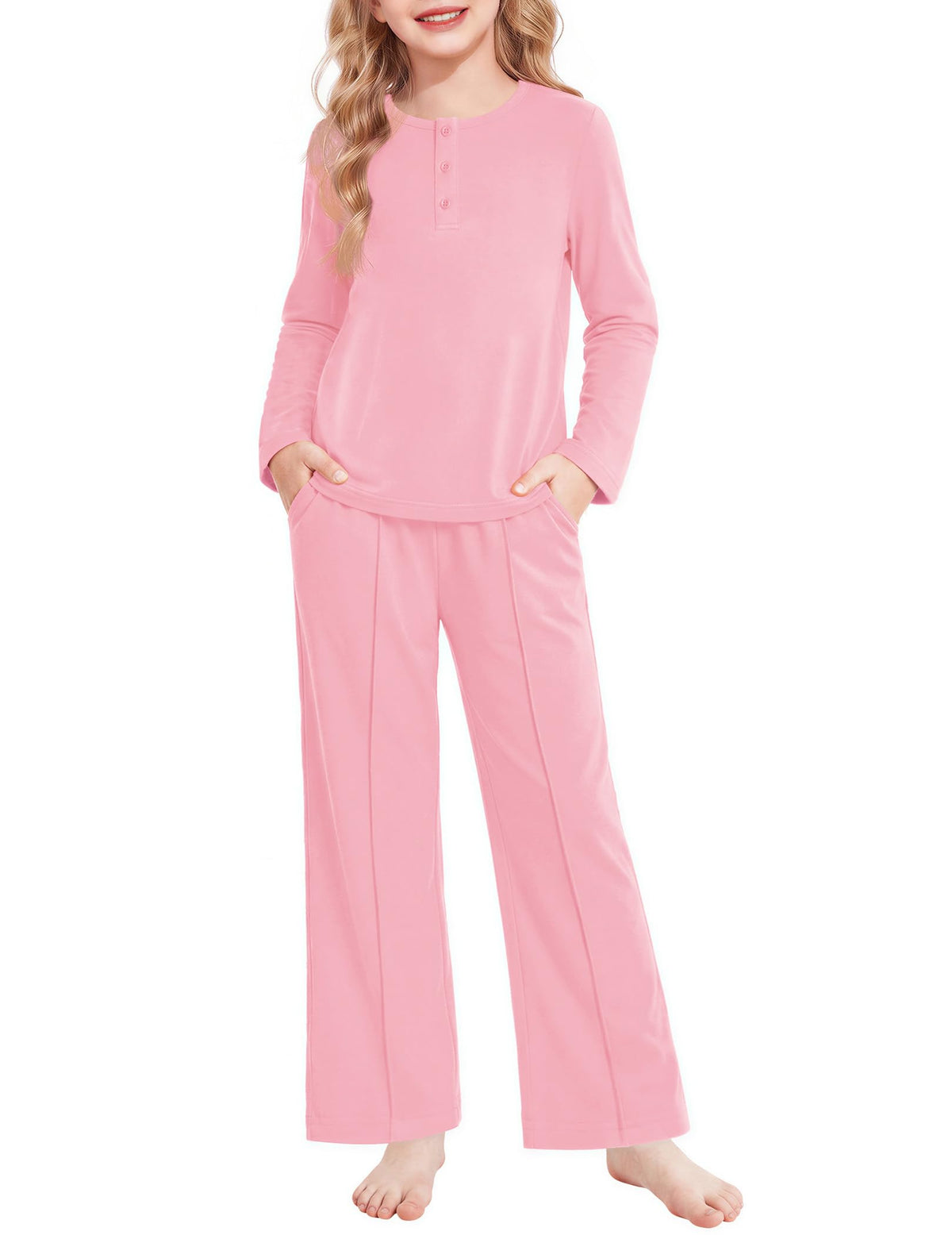 Arshiner Girls Pajamas Long Sleeve Sleepwear Comfy Henley Neck Pjs Set