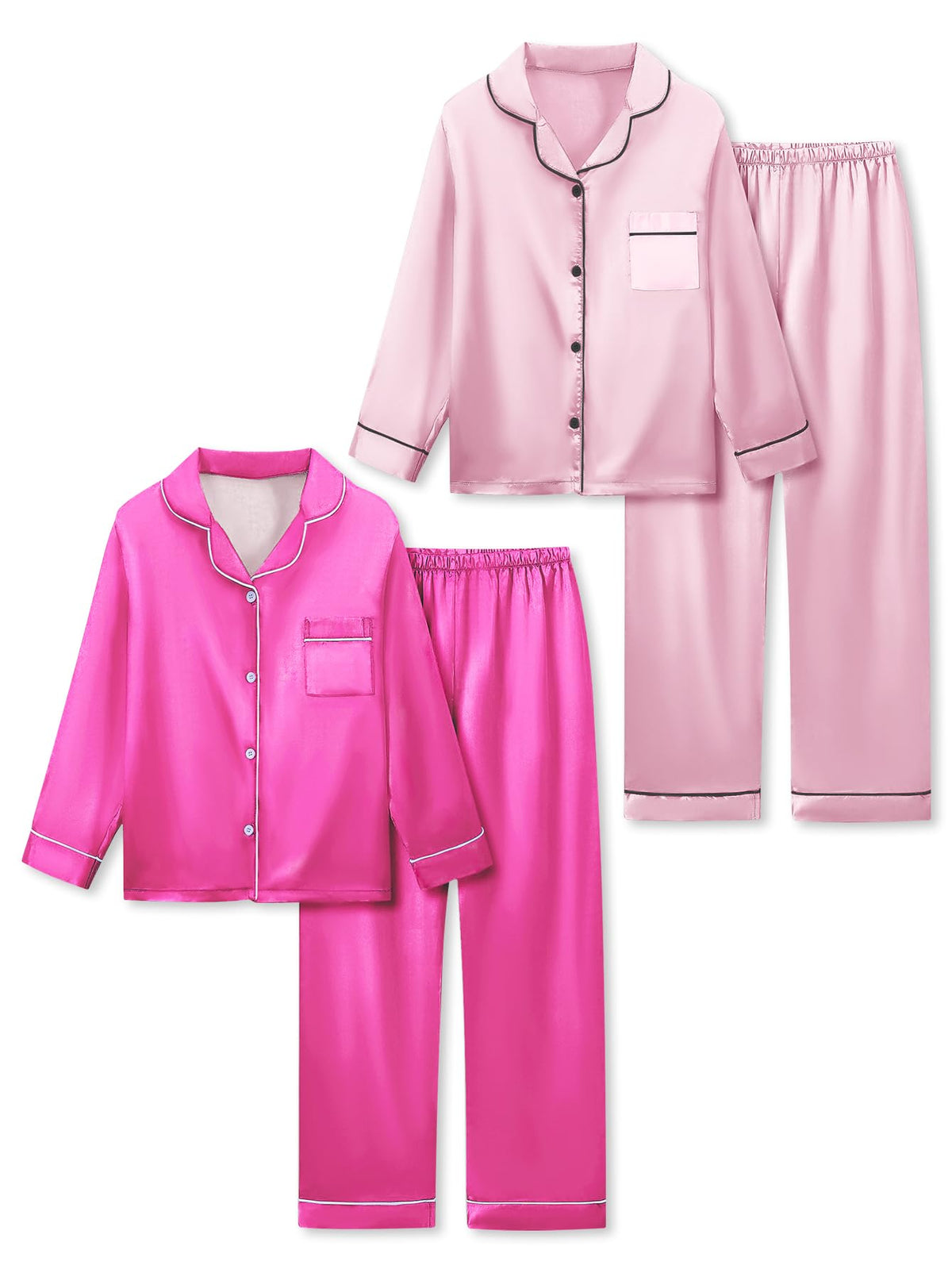 Satin Pajamas for Girls, 4-Piece Long Sleeve Silky Button Down PJ Set