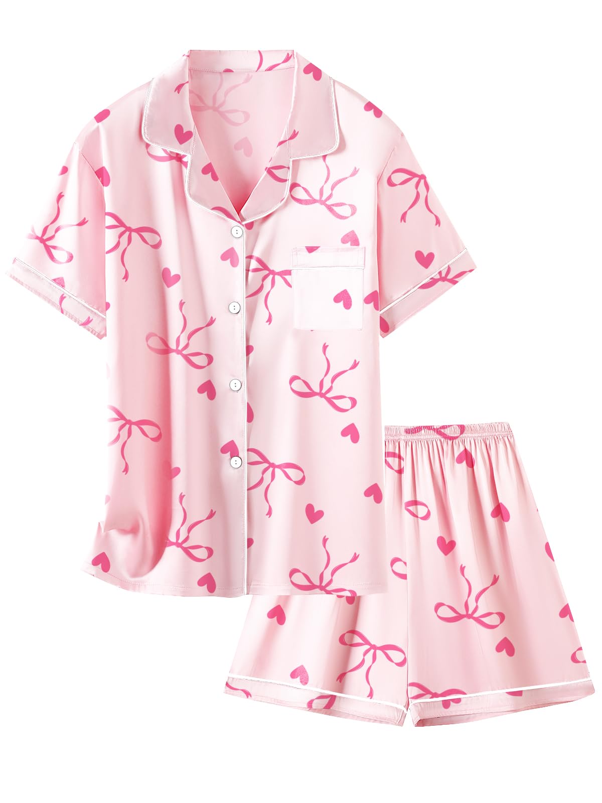 Schbbbta Girls Womens Pajamas, Satin Silky Pjs Set Kids 2Pcs Button-Down Nightwear Sleepwear Gift for Mommy and me