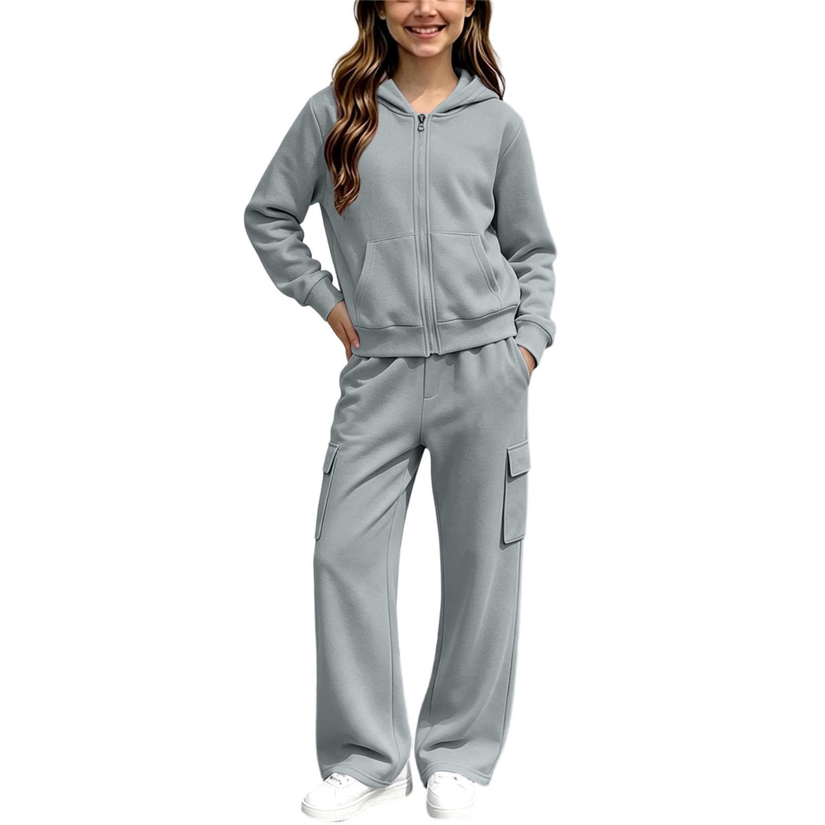 Girls Sweatsuit Fall Winter Zip Up Hoodie And Cargo Sweatpant Set Cozy Wear