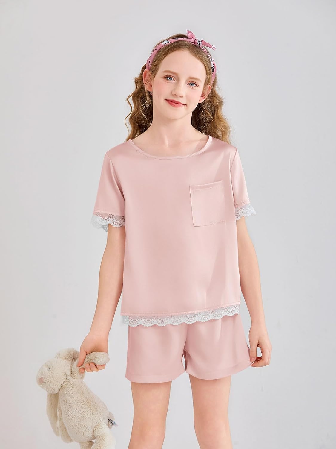 rrhss Girls Silk Satin Pajamas Kids Lace Trim Short Sleeve Shirt and Shorts Pajama Set Pjs Sleepwear 5-14Y