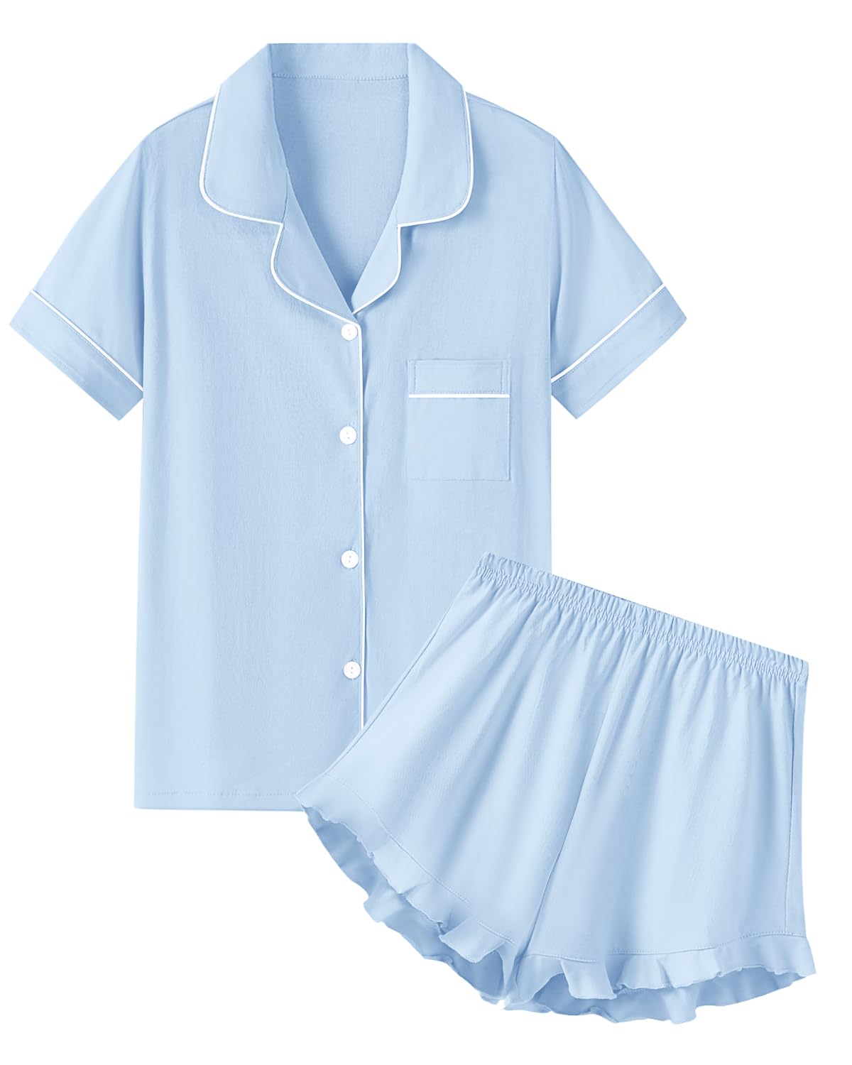 QZH.DUAO Girls & Women Pajama Sets Cotton Sleepwear Button Down Short Sleeve With Ruffle Shorts PJS 5 Years-Large