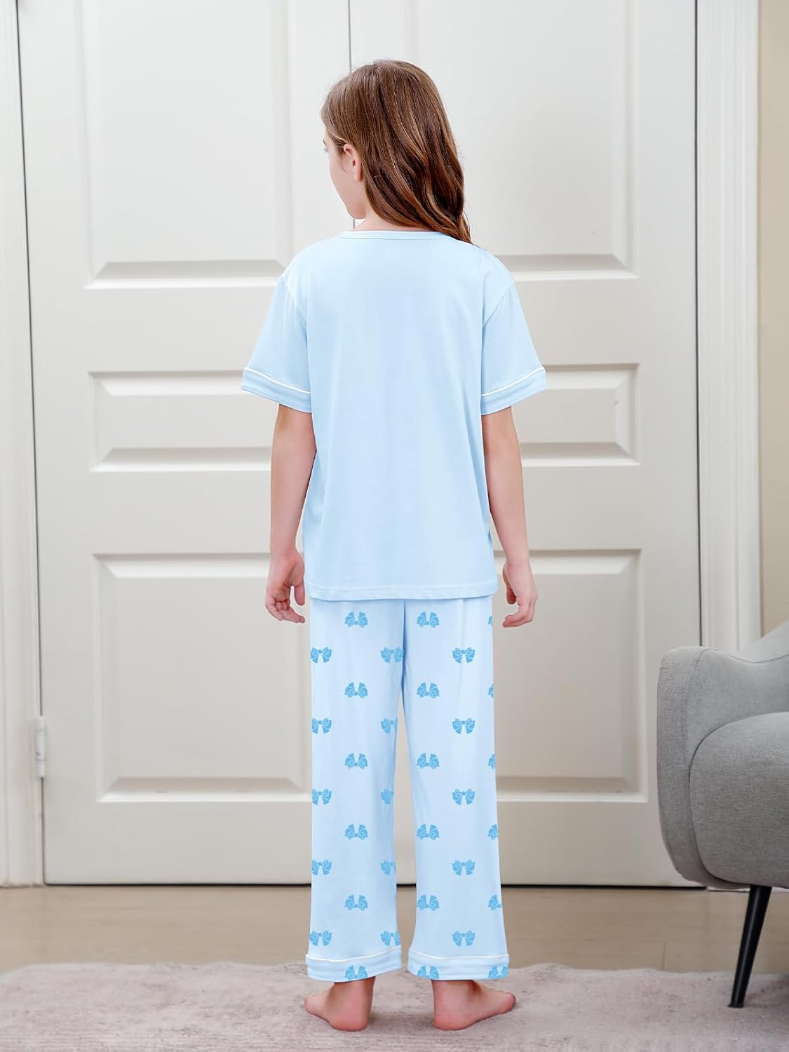 Umeyda Girls Pajamas 2PCS Short Sleeve Top & Pants 100% Cotton Pjs Sets Loungewear for Kids Age 5-14 Years