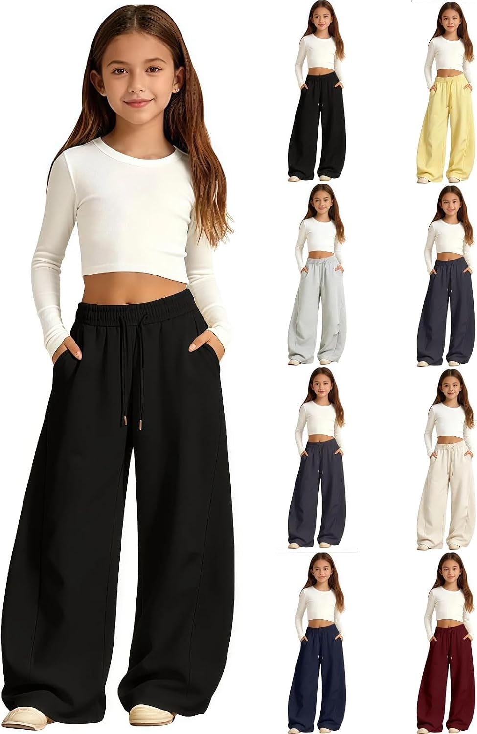 Girls Sweatpants Baggy Barrel Wide Leg Pants Drawstring Open Bottom Casual Sweat Trousers with Pockets 5-15 Years