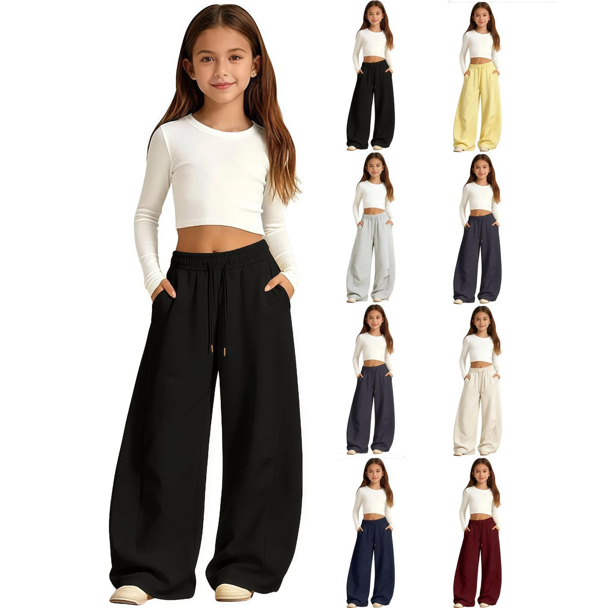 Girls Sweatpants Baggy Barrel Wide Leg Pants Drawstring Open Bottom Casual Sweat Trousers with Pockets 5-15 Years
