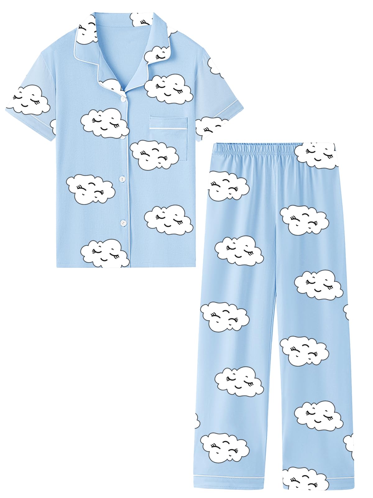 QZH.DUAO Girls Cotton Short Sleeves and Long Pants Pajama Set, 5-14 Years