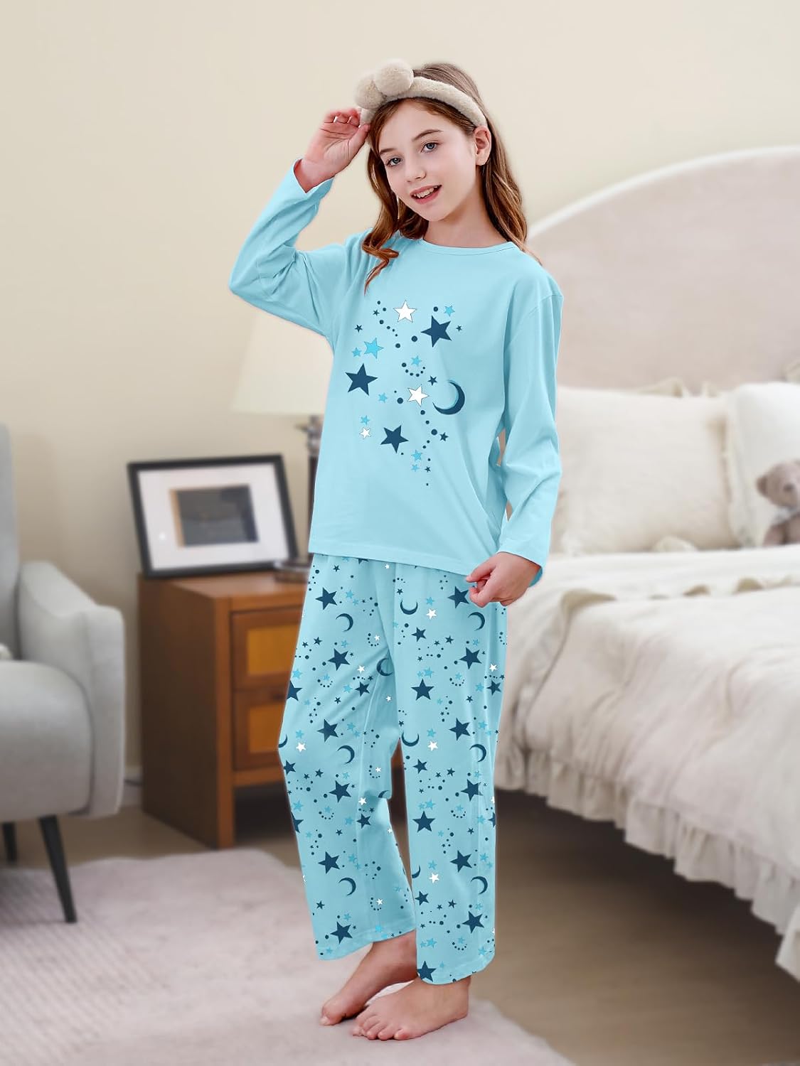 Umeyda 2-Piece Pajama Set for Girls, 100% Cotton Cartoon Pattern Sleepwear Pjs Set Size 5-14