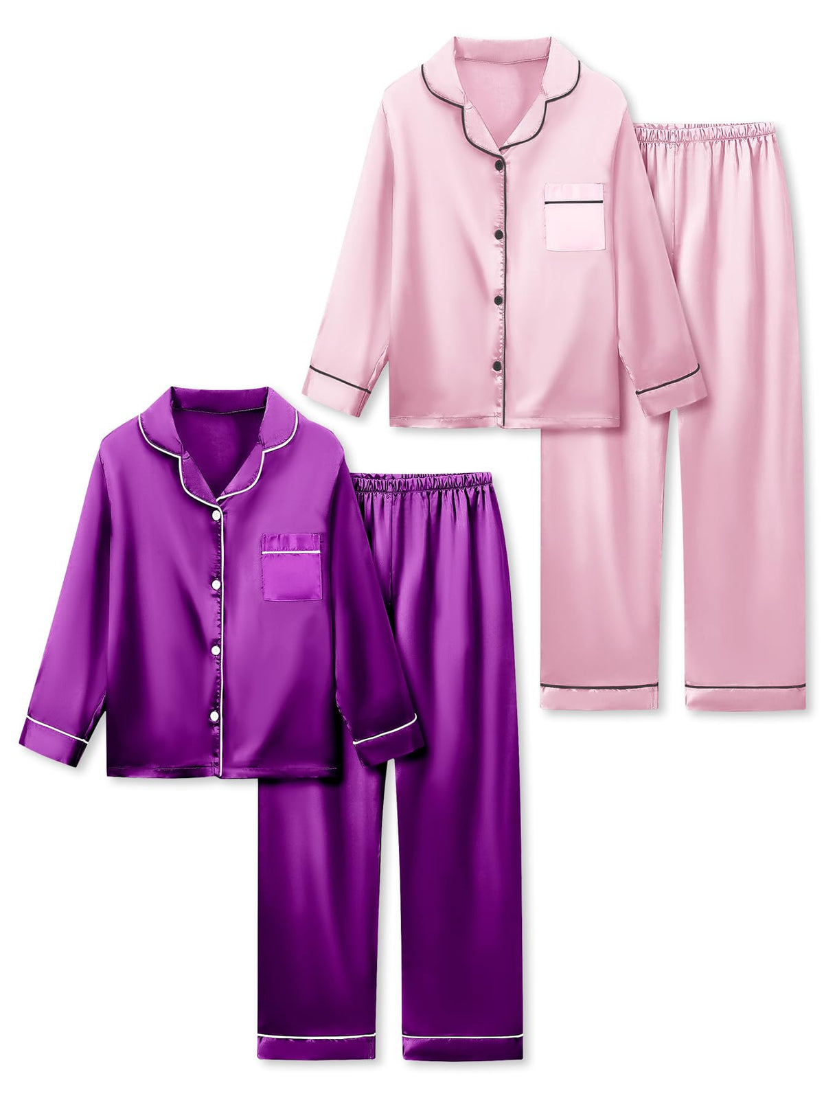 Satin Pajamas for Girls, 4-Piece Long Sleeve Silky Button Down PJ Set