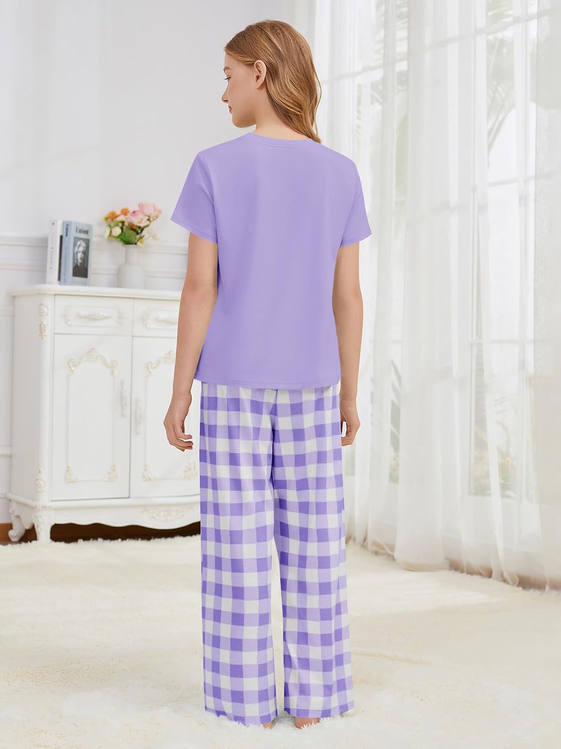 rrhss Girls Pajama Sets Kids Short Sleeve Tops and Plaid Long Pants PJS Sleepwear Soft Lounge Set 5-14 Years