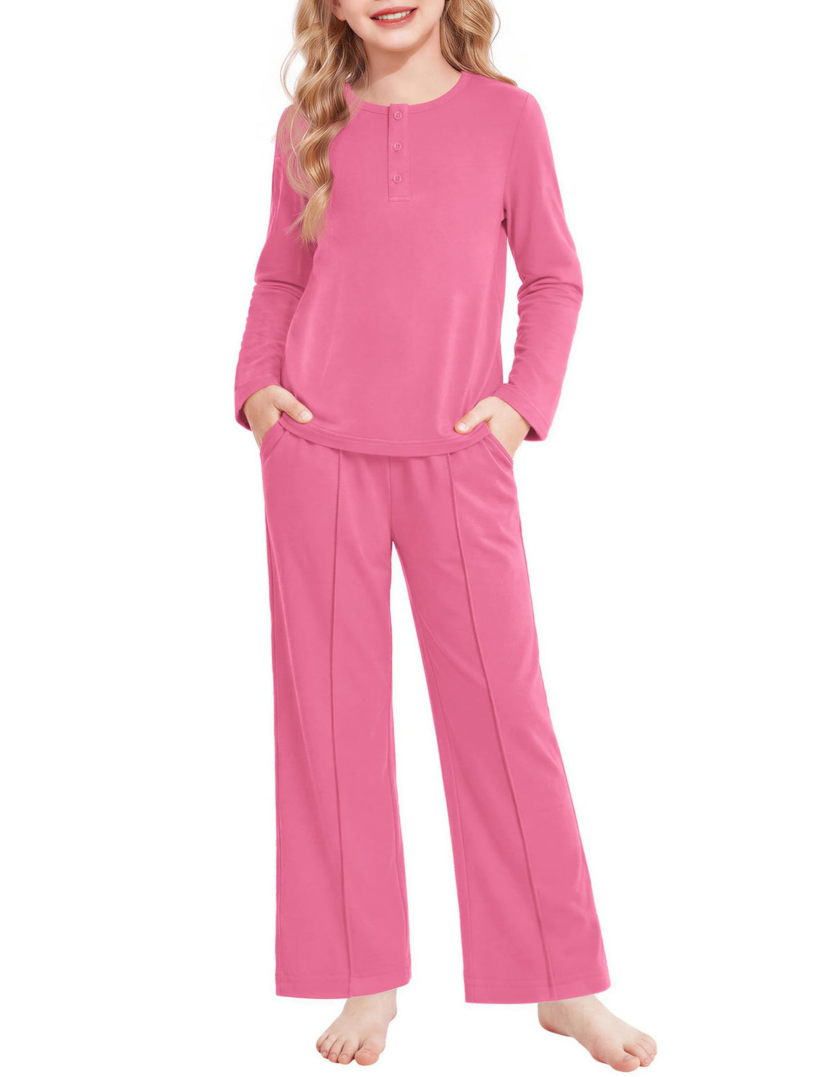 Arshiner Girls Pajamas Long Sleeve Sleepwear Comfy Henley Neck Pjs Set