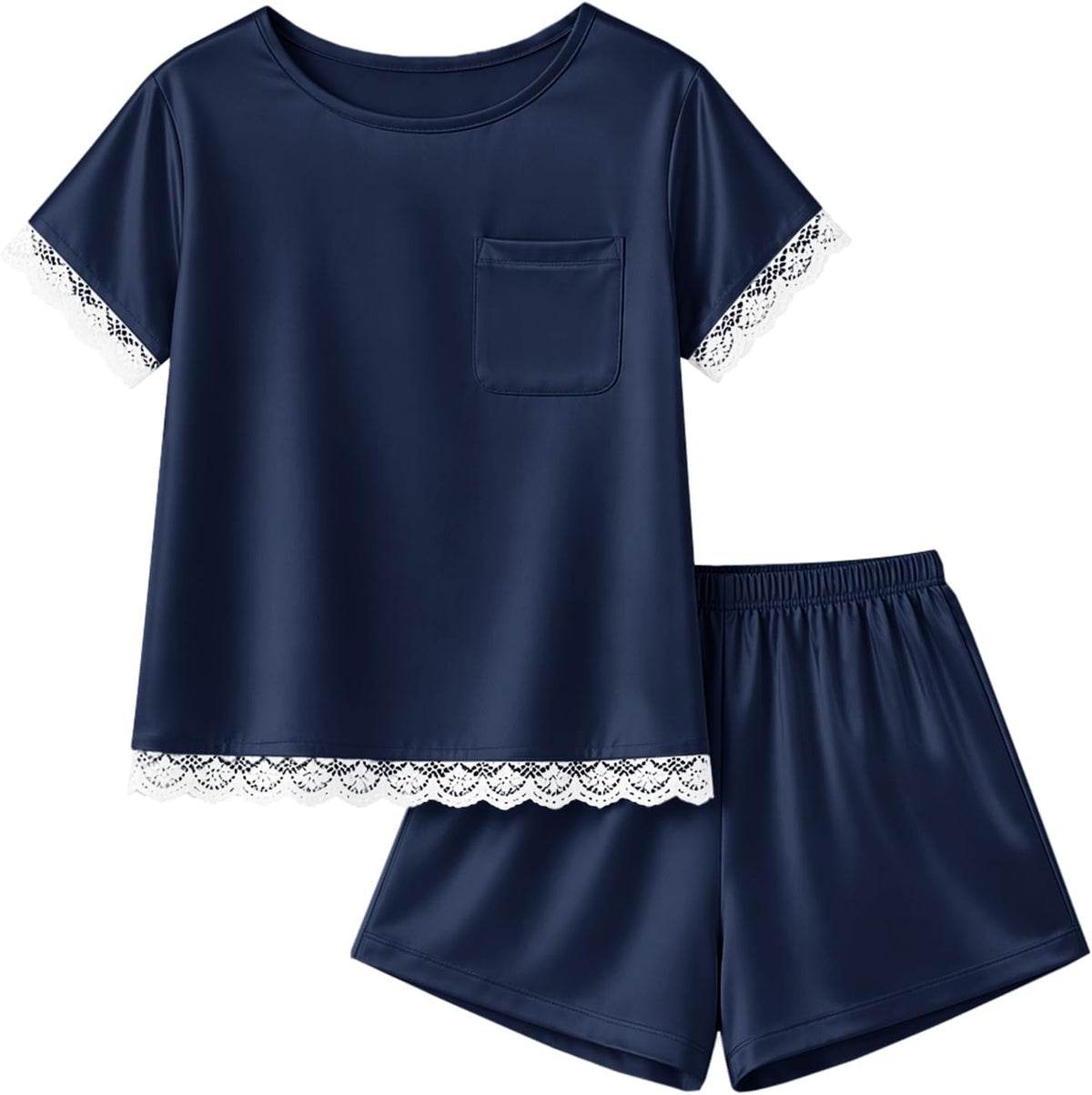 rrhss Girls Silk Satin Pajamas Kids Lace Trim Short Sleeve Shirt and Shorts Pajama Set Pjs Sleepwear 5-14Y