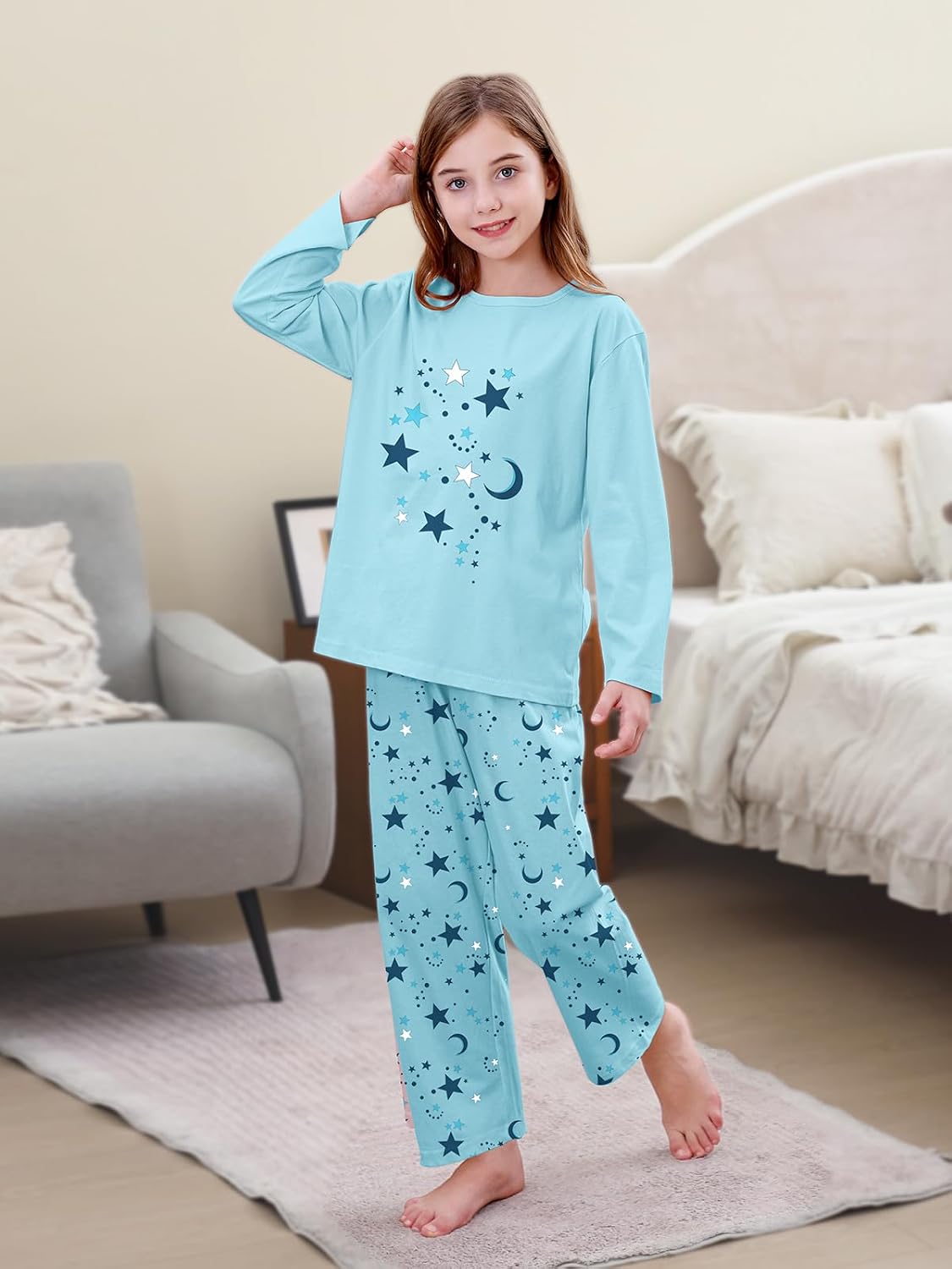 Umeyda 2-Piece Pajama Set for Girls, 100% Cotton Cartoon Pattern Sleepwear Pjs Set Size 5-14