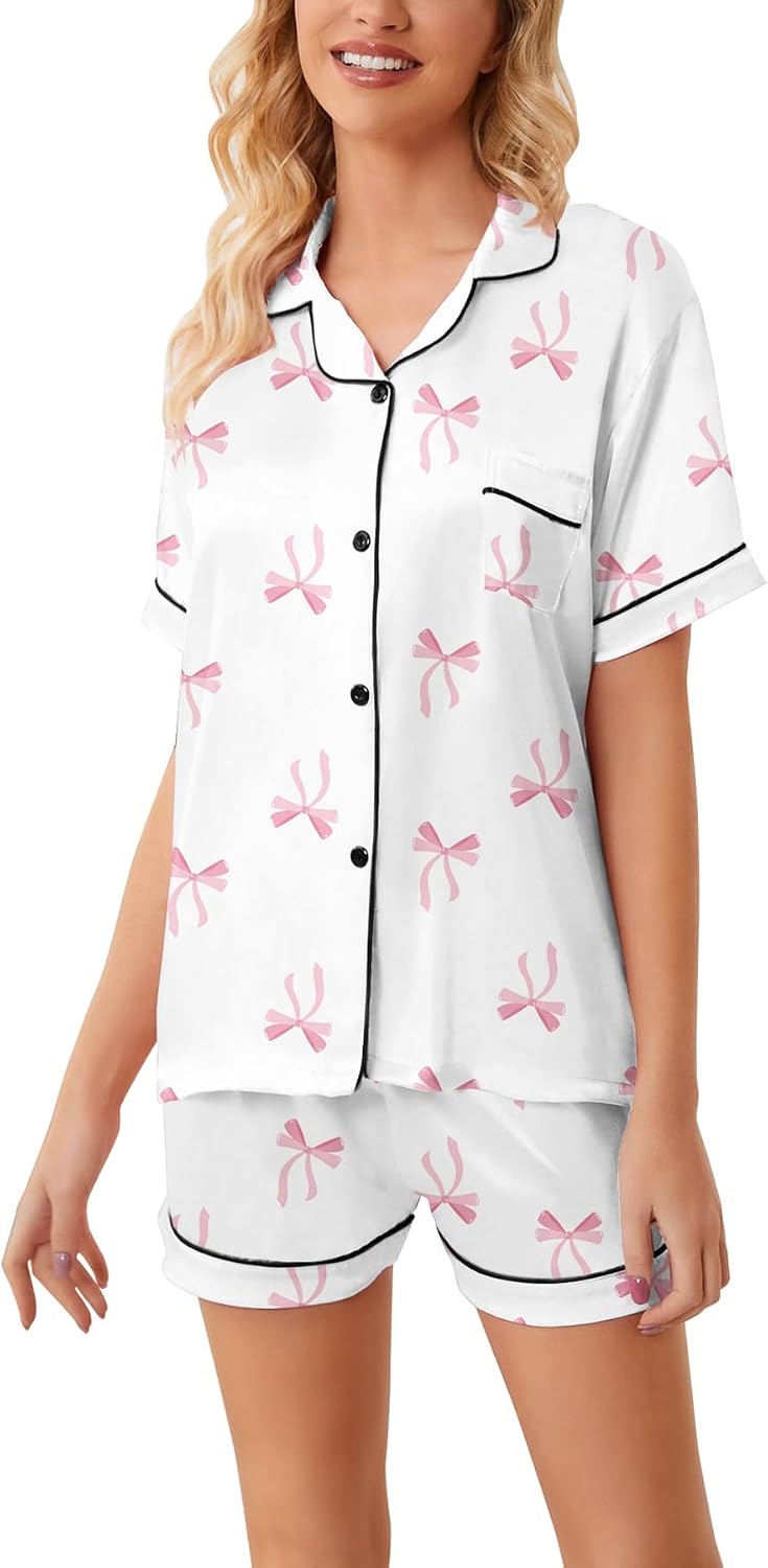 Schbbbta Girls Womens Pajamas, Satin Silky Pjs Set Kids 2Pcs Button-Down Nightwear Sleepwear Gift for Mommy and me