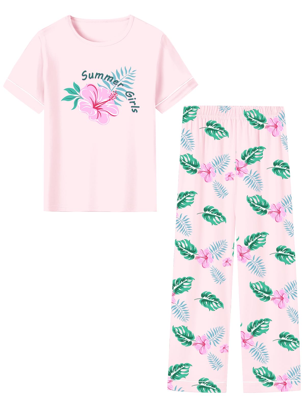 Umeyda Girls Pajamas 2PCS Short Sleeve Top & Pants 100% Cotton Pjs Sets Loungewear for Kids Age 5-14 Years