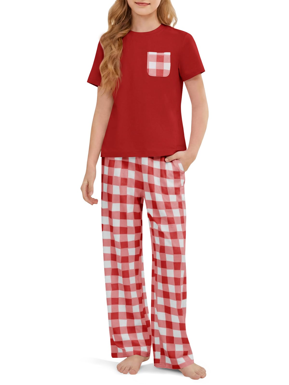 rrhss Girls Pajama Sets Kids Short Sleeve Tops and Plaid Long Pants PJS Sleepwear Soft Lounge Set 5-14 Years