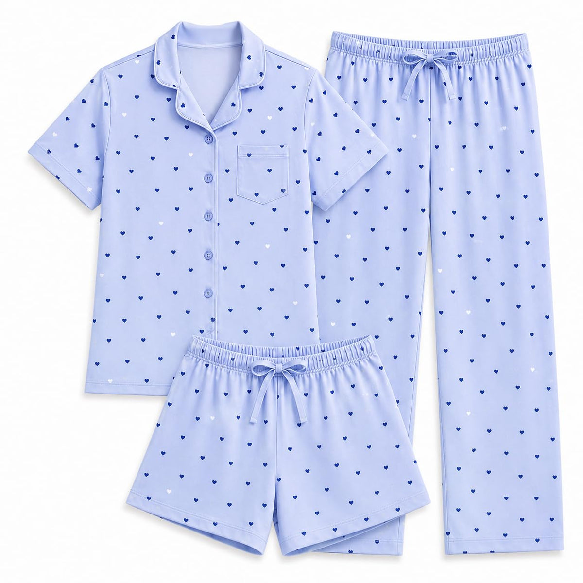 US Angels Girls Pajama Set 3 Piece, Short Sleeve Button Down PJs with Shorts & Pants, Soft Sleepwear Girls & Tweens Size 5-16