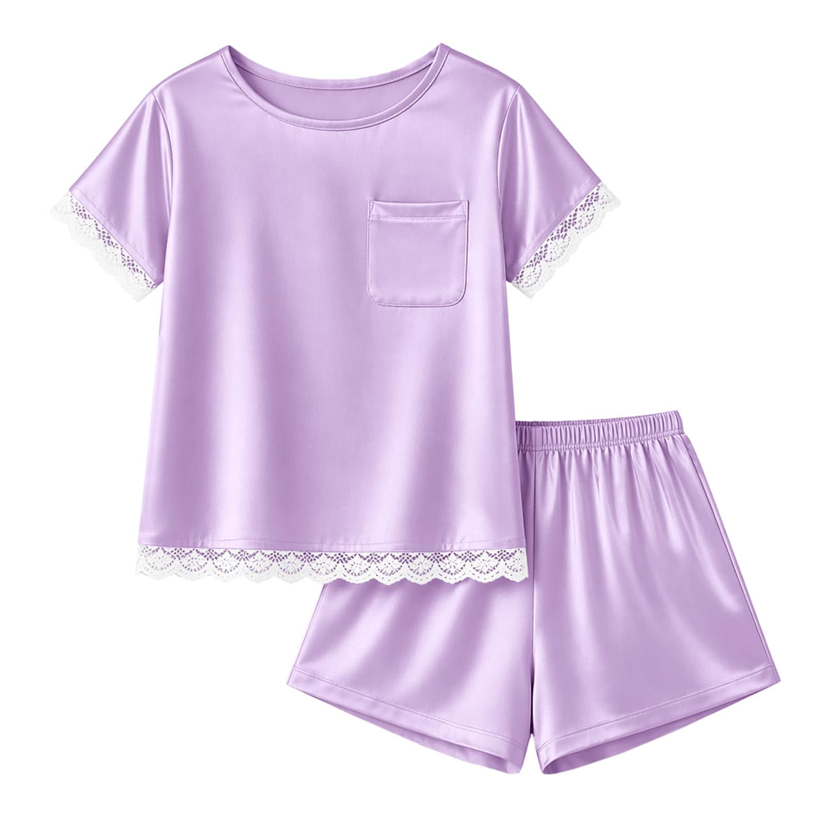 rrhss Girls Silk Satin Pajamas Kids Lace Trim Short Sleeve Shirt and Shorts Pajama Set Pjs Sleepwear 5-14Y