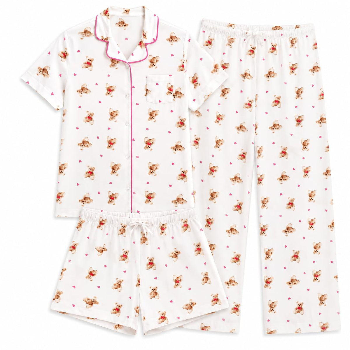 US Angels Girls Pajama Set 3 Piece, Short Sleeve Button Down PJs with Shorts & Pants, Soft Sleepwear Girls & Tweens Size 5-16