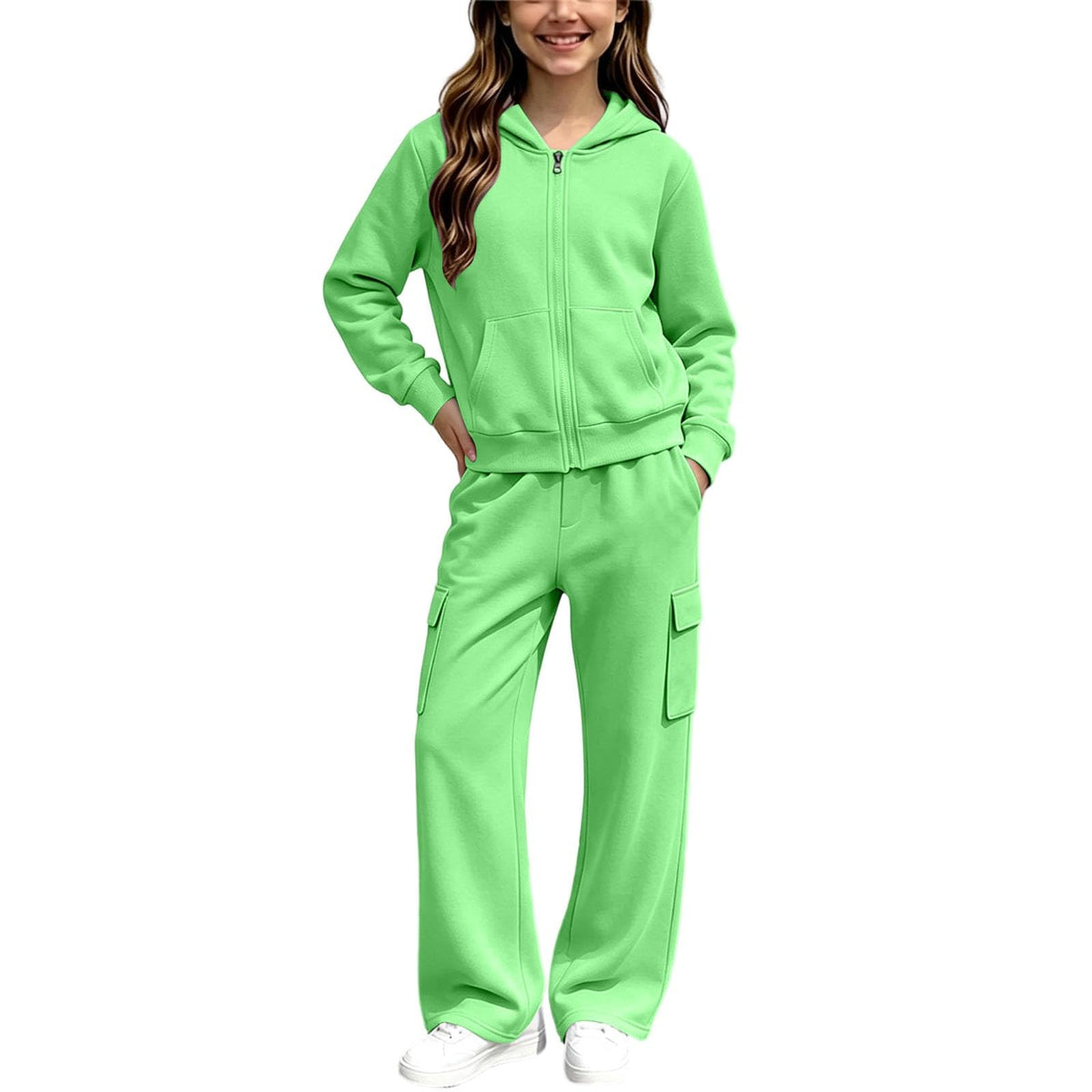 Girls Sweatsuit Fall Winter Zip Up Hoodie And Cargo Sweatpant Set Cozy Wear