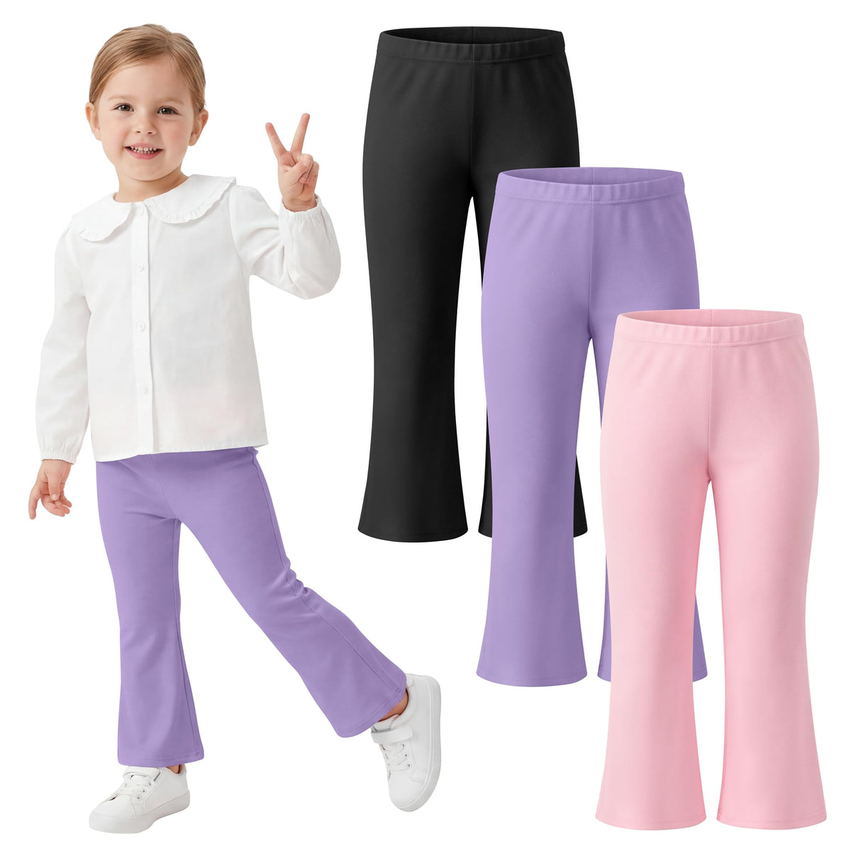 Poroka 3 Pack Toddler Girls Flare Pants Cotton Soft Flare Leggings Pants