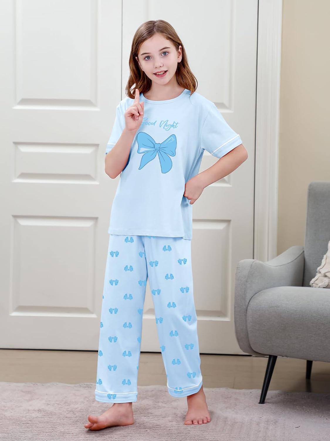 Umeyda Girls Pajamas 2PCS Short Sleeve Top & Pants 100% Cotton Pjs Sets Loungewear for Kids Age 5-14 Years