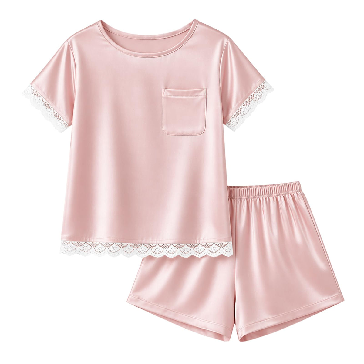 rrhss Girls Silk Satin Pajamas Kids Lace Trim Short Sleeve Shirt and Shorts Pajama Set Pjs Sleepwear 5-14Y