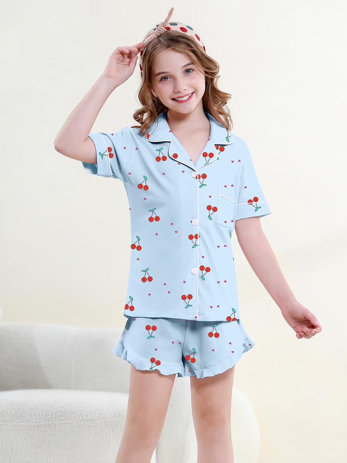 QZH.DUAO Girls & Women Pajama Sets Cotton Sleepwear Button Down Short Sleeve With Ruffle Shorts PJS 5 Years-Large