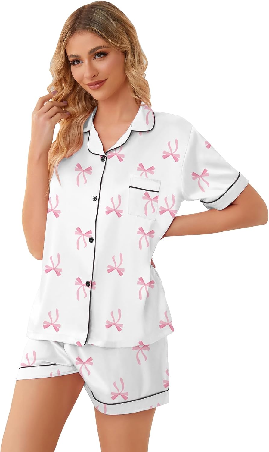 Schbbbta Girls Womens Pajamas, Satin Silky Pjs Set Kids 2Pcs Button-Down Nightwear Sleepwear Gift for Mommy and me