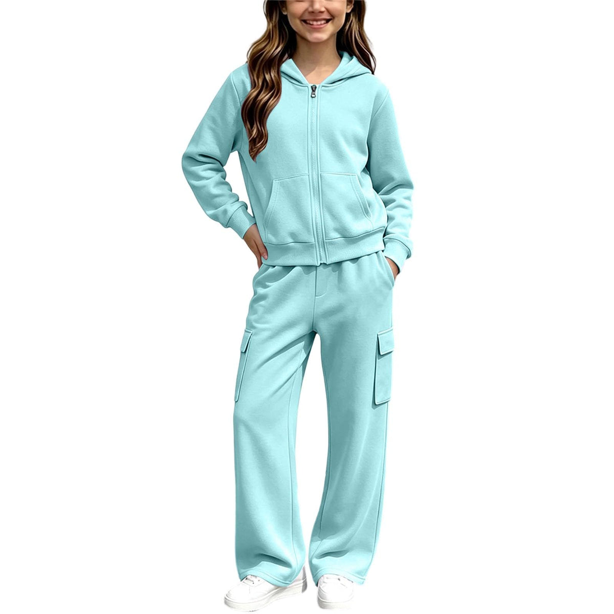 Girls Sweatsuit Fall Winter Zip Up Hoodie And Cargo Sweatpant Set Cozy Wear