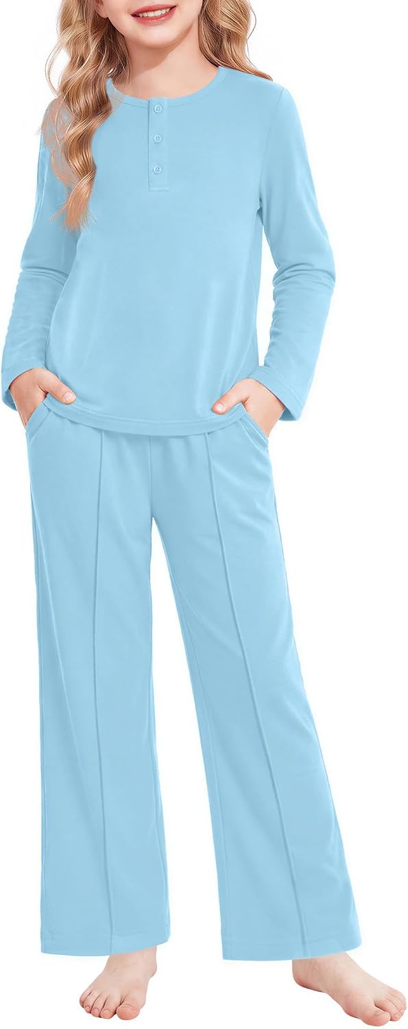 Arshiner Girls Pajamas Long Sleeve Sleepwear Comfy Henley Neck Pjs Set