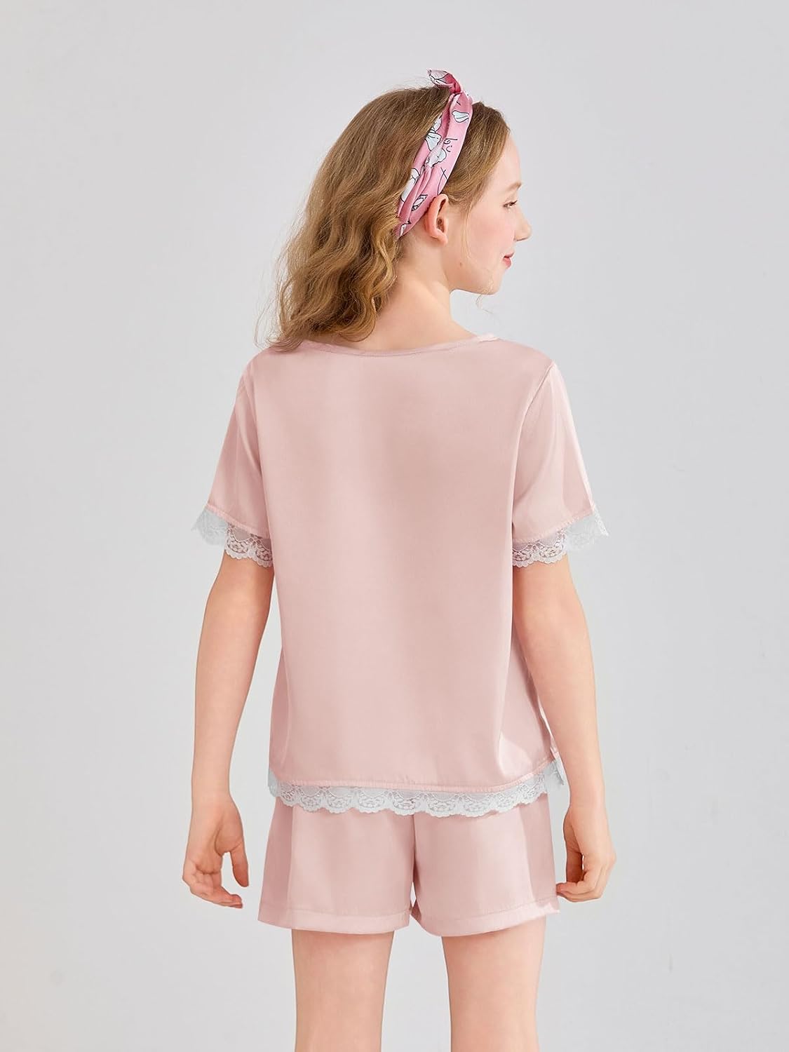 rrhss Girls Silk Satin Pajamas Kids Lace Trim Short Sleeve Shirt and Shorts Pajama Set Pjs Sleepwear 5-14Y